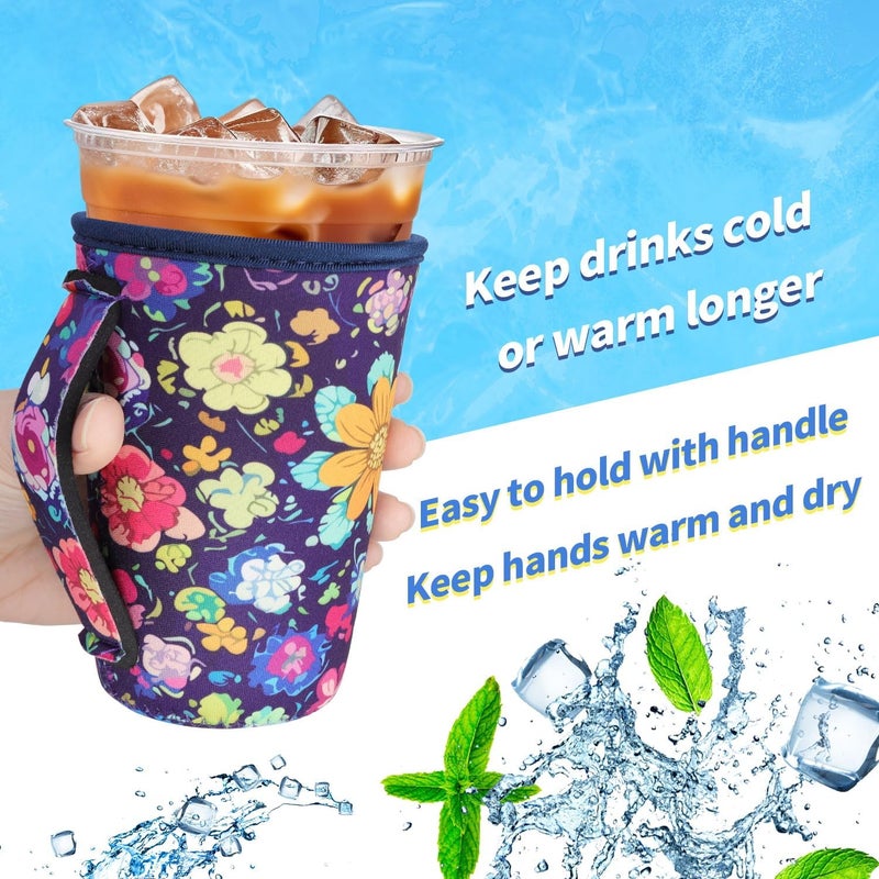Snowso 3 Pack Iced Coffee sleeve Insulated Neoprene Cup Sleeves with handle For Cold Drinks Beverages, Reusable Cup Holder for 16oz-32oz Coffee Cups (Vivid Flowers) - Image 3